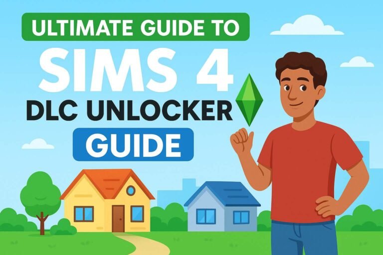 Illustration of a Sims-style character with houses and green plumbob, representing a guide to downloading Sims 4 DLC Unlocker.