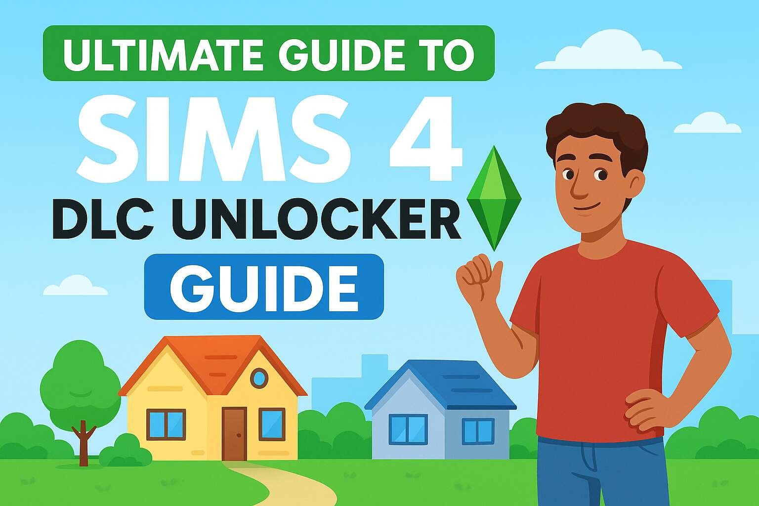 Illustration of a Sims-style character with houses and green plumbob, representing a guide to downloading Sims 4 DLC Unlocker.