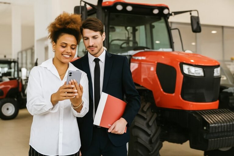 Smiling tractor supply sales associate showing a customer details on a phone inside a dealership.