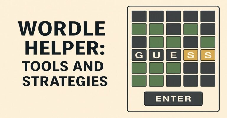 Wordle helper interface showing game tiles and the word GUESS with colored letter feedback, representing puzzle strategy and solution support.