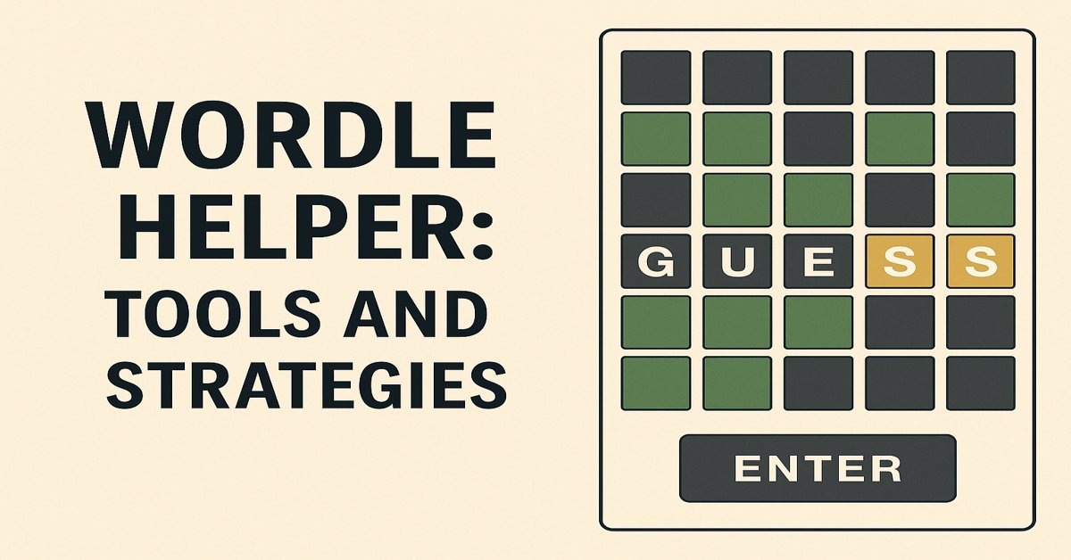 Wordle helper interface showing game tiles and the word GUESS with colored letter feedback, representing puzzle strategy and solution support.